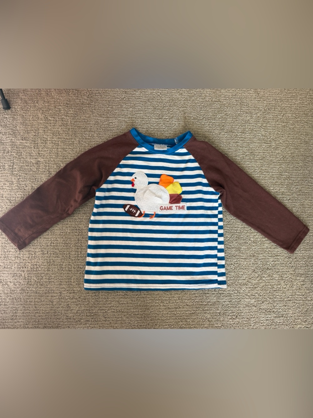 Stitchy Fish Long-Sleeve Striped Playtime Tee with Turkey Applique-Size small